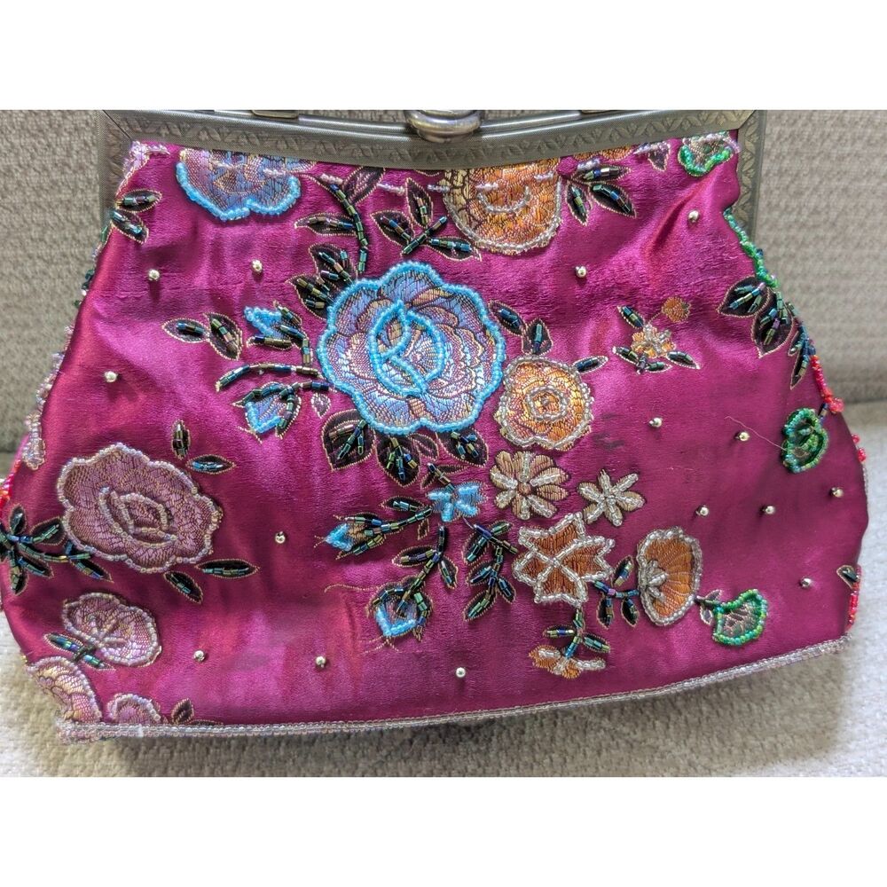 Vintage Beaded Satin Kiss Lock Bag Y2K Evening Purse Statement Wedding Guest - Picture 7 of 10